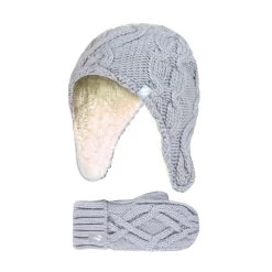 Girls Cable Knitted Design Bobble Trapper Hat And Mittens Set