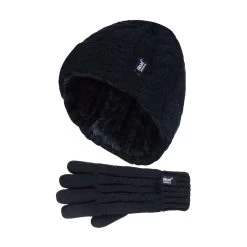 Kids Girls Cable Knitted Warm Fleece Lined Winter Hat And Gloves Set With Bobble
